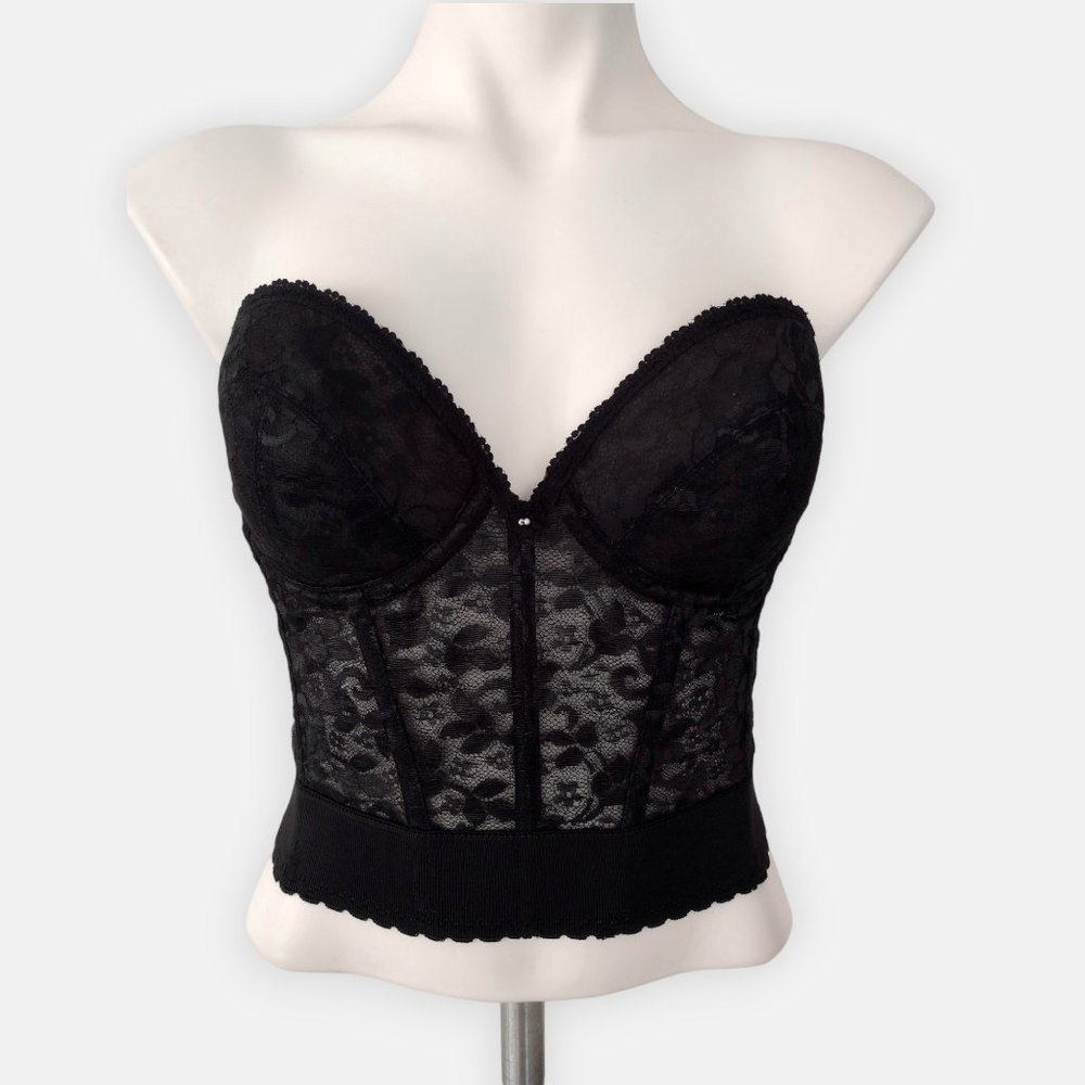 Vintage 1990s Adonna Black Lace Strapless Plunge Bustier Corset 38B